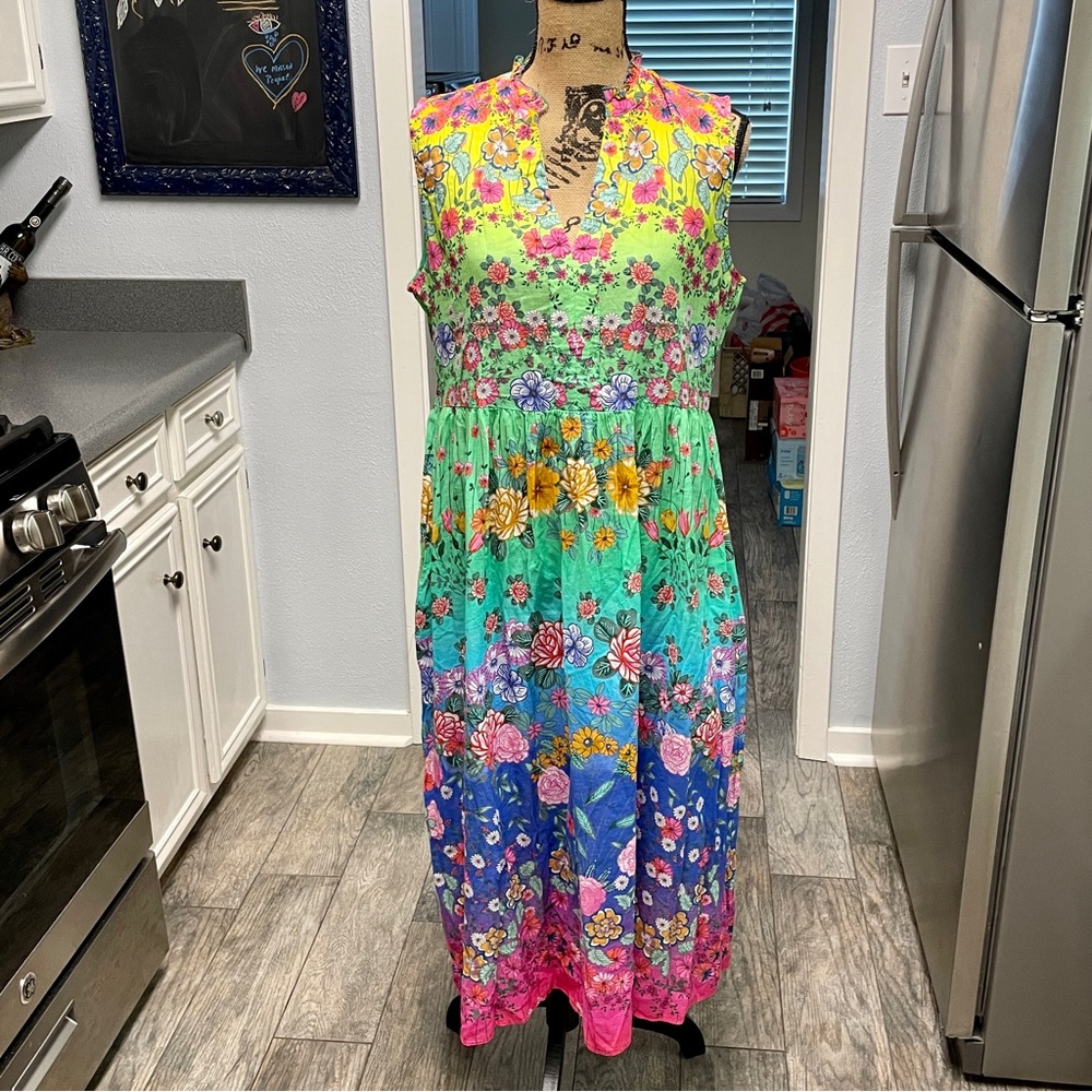 Johnny Was—Rainbow Field Ruffle Tank Dress. Medium